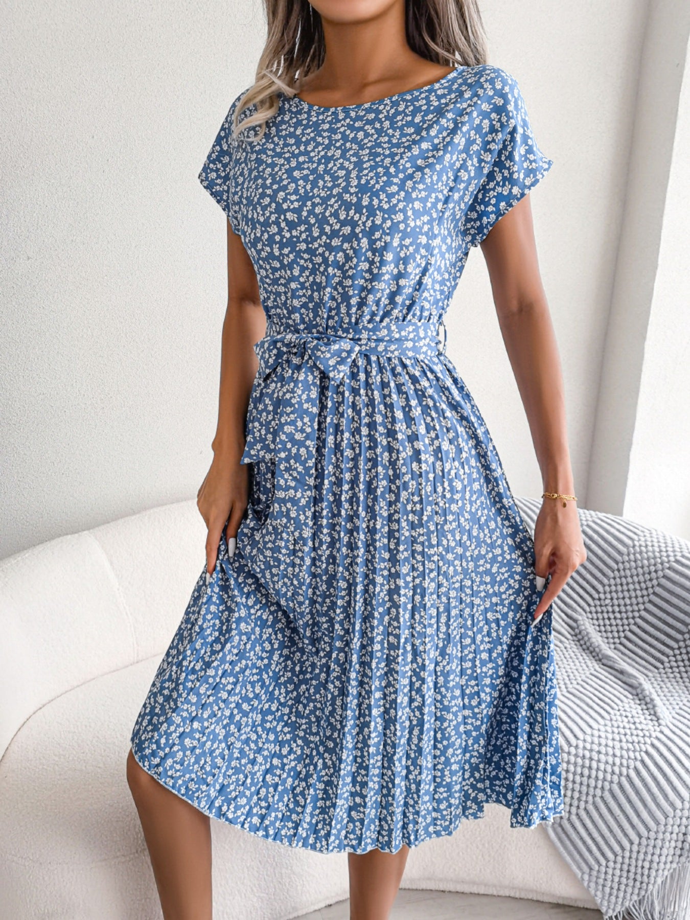 Midi Dress Floral A-Line Pleated Belted Casual Round Neck Short Dolman Sleeve