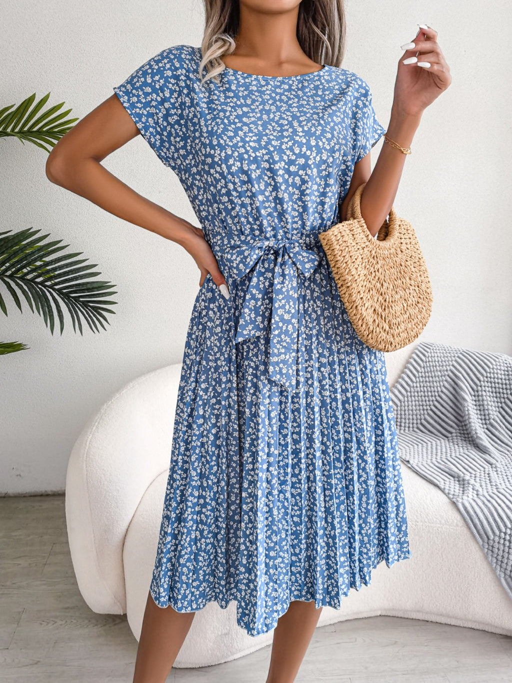 Midi Dress Floral A-Line Pleated Belted Casual Round Neck Short Dolman Sleeve