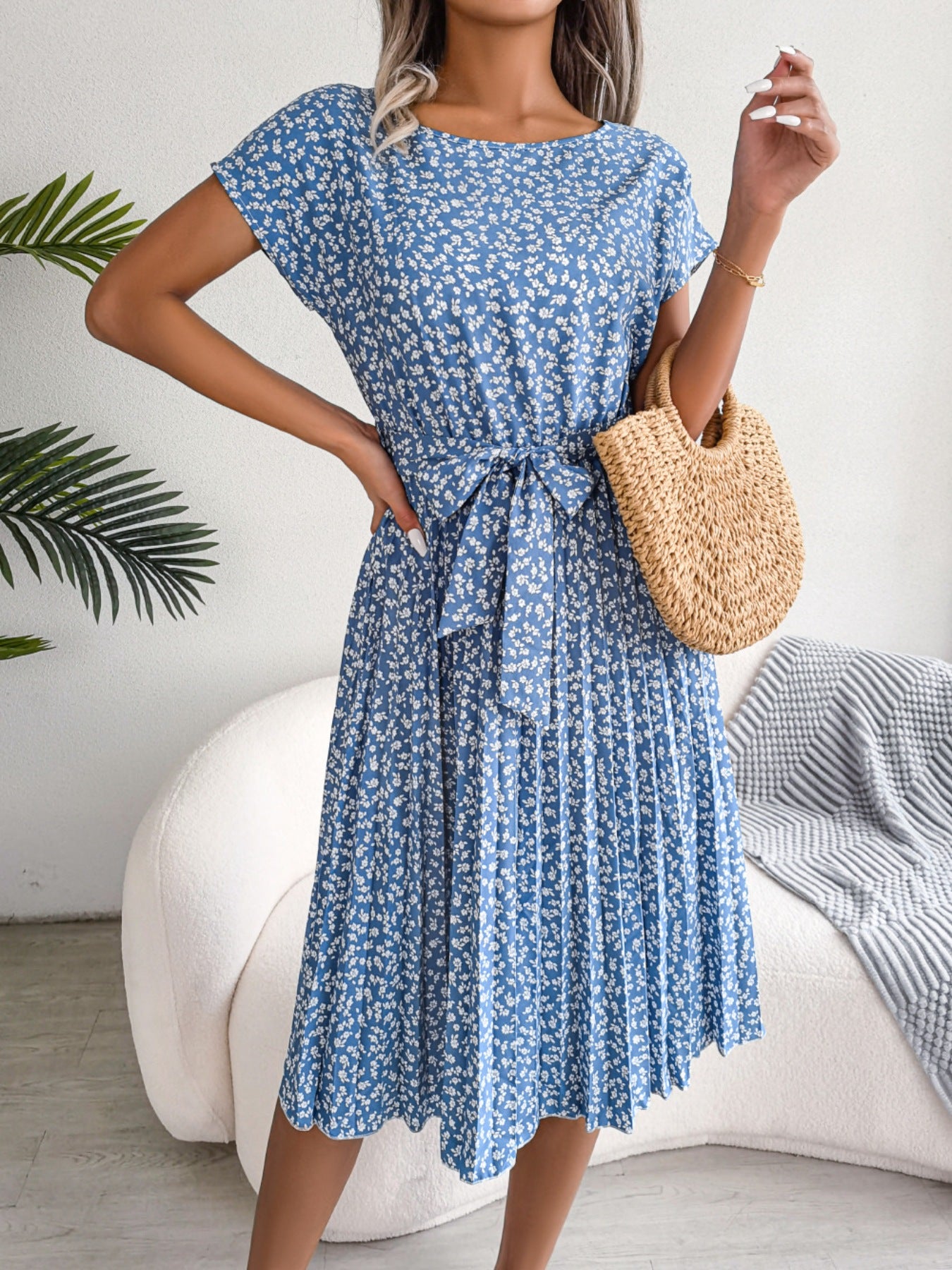 Midi Dress Floral A-Line Pleated Belted Casual Round Neck Short Dolman Sleeve