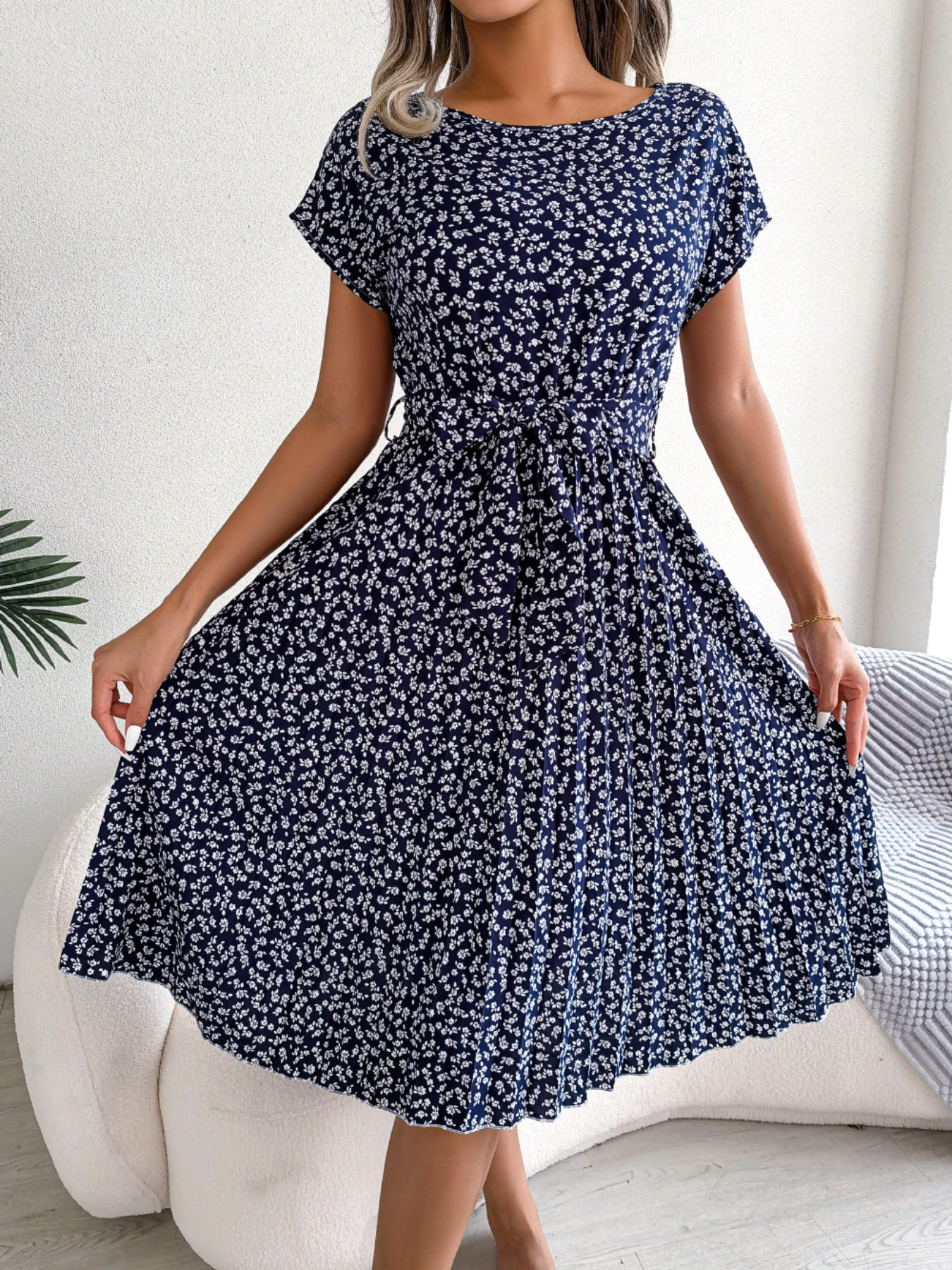 Midi Dress Floral A-Line Pleated Belted Casual Round Neck Short Dolman Sleeve