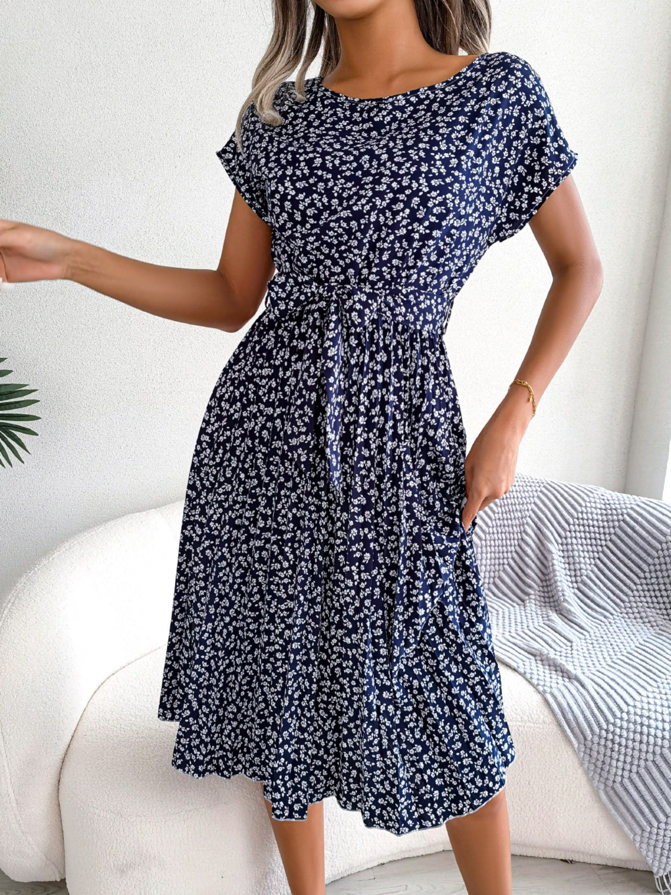 Midi Dress Floral A-Line Pleated Belted Casual Round Neck Short Dolman Sleeve
