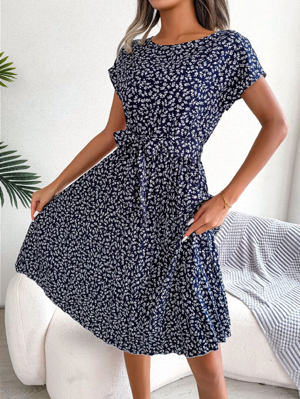 Midi Dress Floral A-Line Pleated Belted Casual Round Neck Short Dolman Sleeve