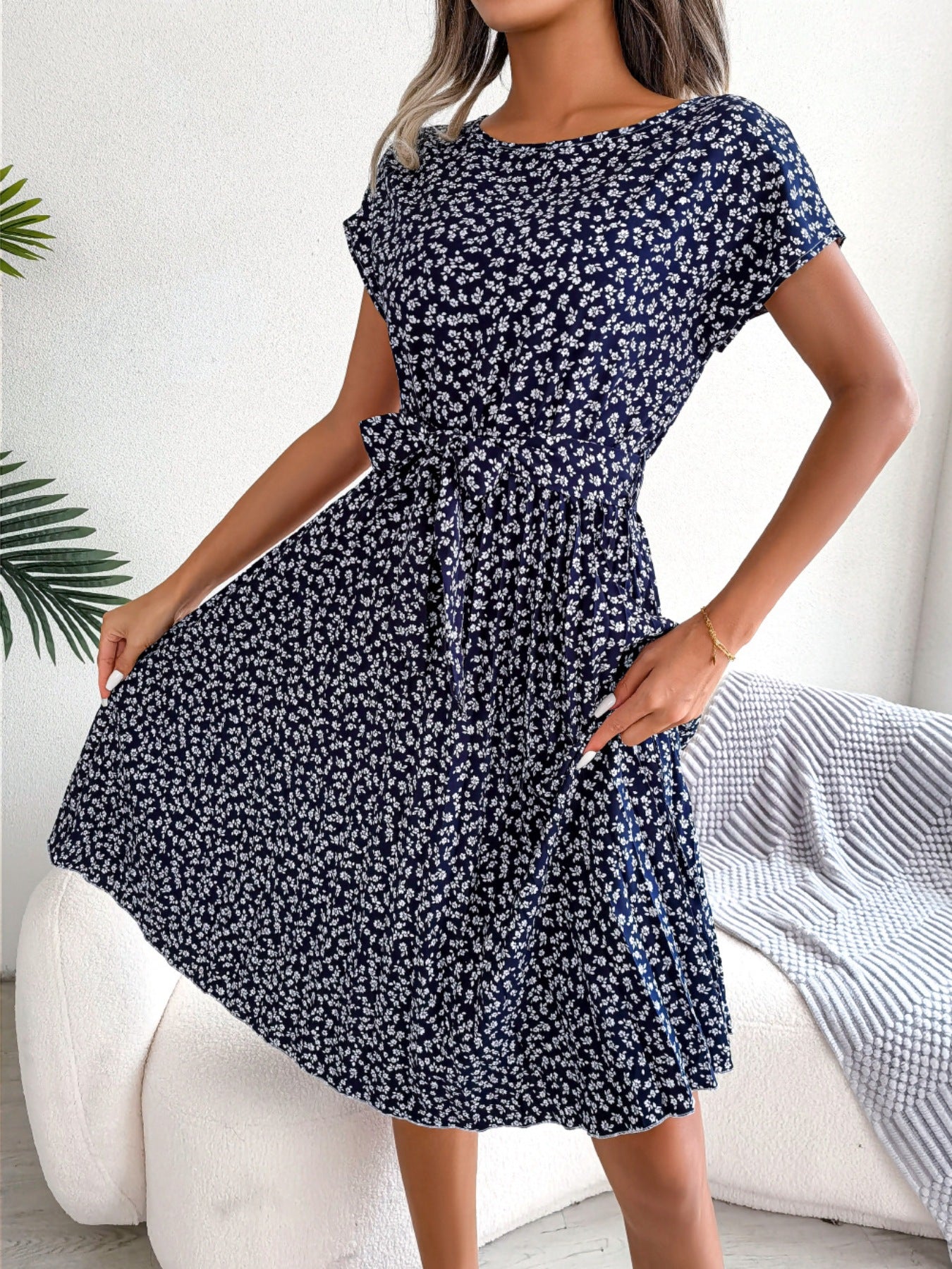 Midi Dress Floral A-Line Pleated Belted Casual Round Neck Short Dolman Sleeve
