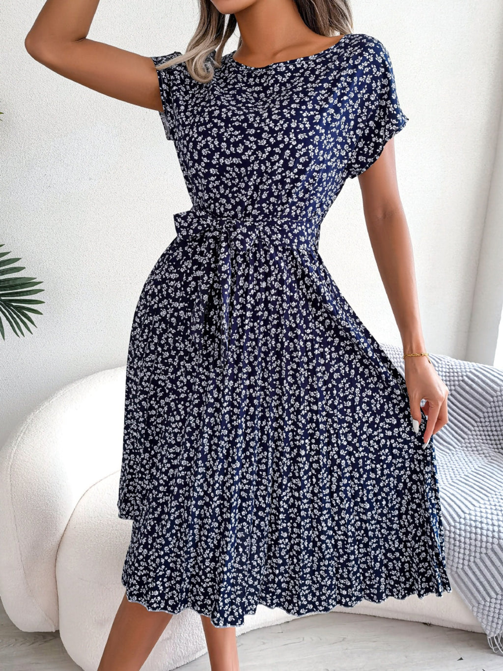 Midi Dress Floral A-Line Pleated Belted Casual Round Neck Short Dolman Sleeve