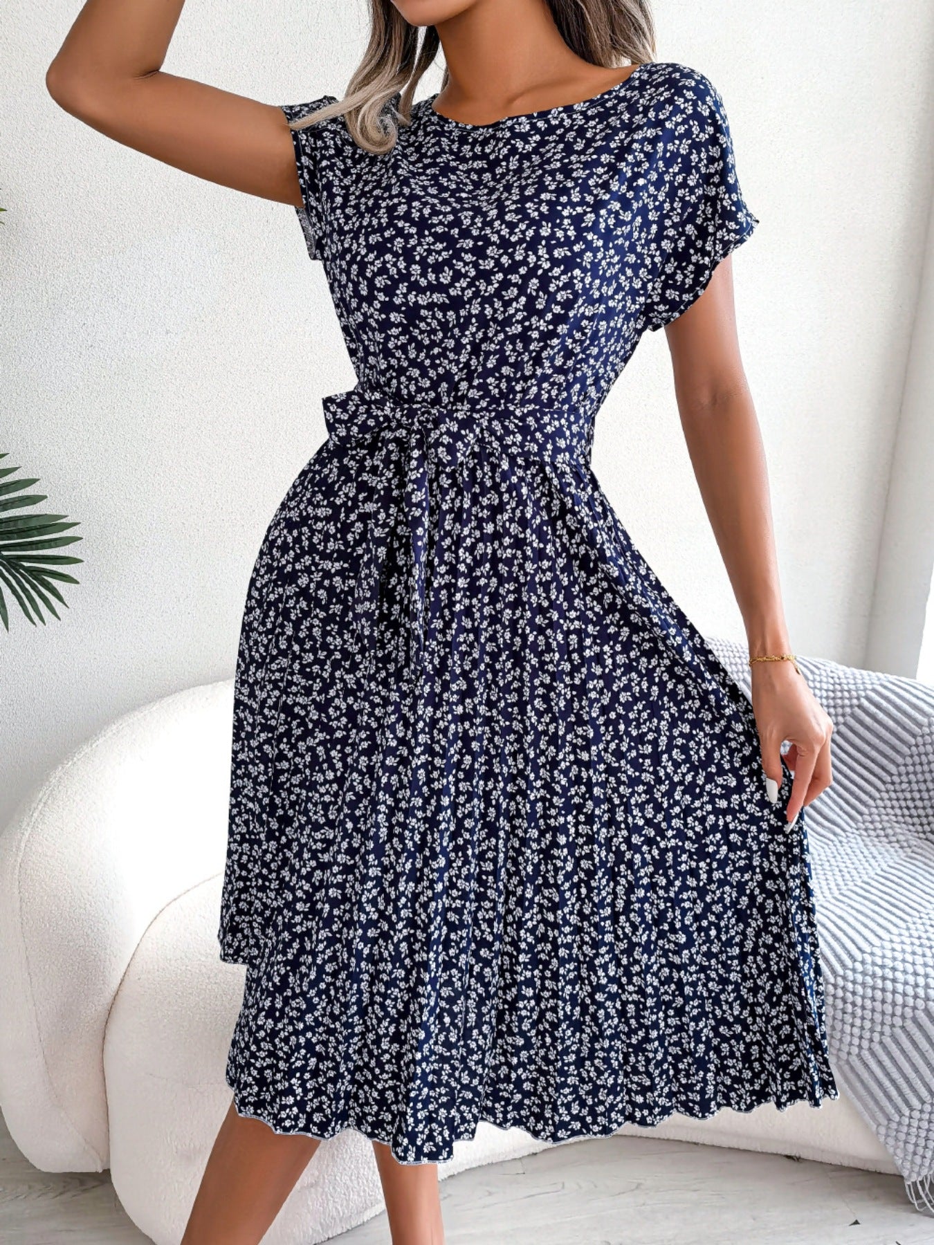 Midi Dress Floral A-Line Pleated Belted Casual Round Neck Short Dolman Sleeve