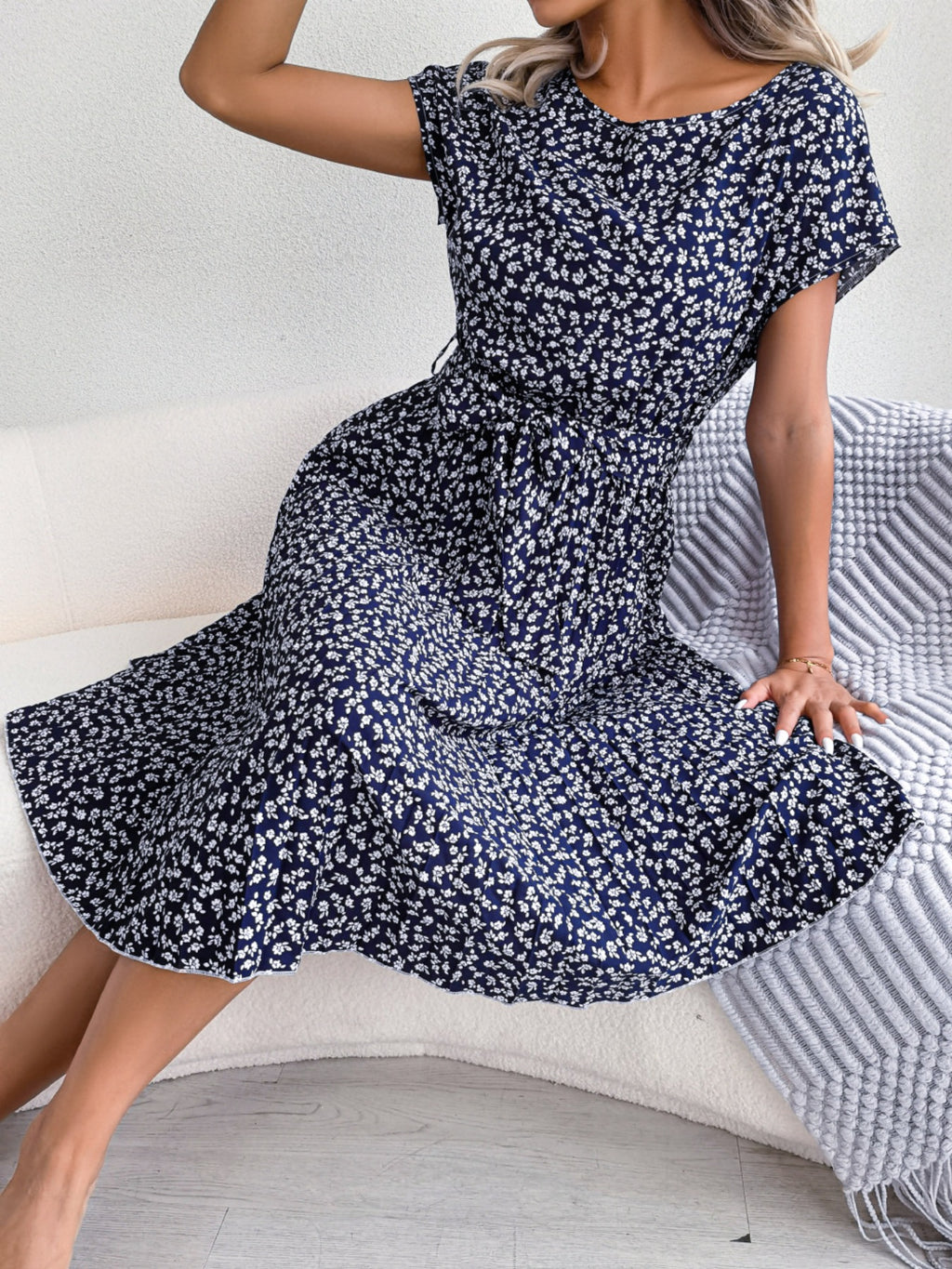 Midi Dress Floral A-Line Pleated Belted Casual Round Neck Short Dolman Sleeve
