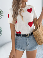 Women's Casual Lightweight Knit Top Red Heart Short Sleeve Rib Round Neck