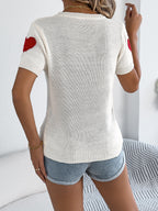 Women's Casual Lightweight Knit Top Red Heart Short Sleeve Rib Round Neck