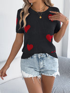 Women's Casual Lightweight Knit Top Red Heart Short Sleeve Rib Round Neck