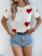Women's Casual Lightweight Knit Top Red Heart Short Sleeve Rib Round Neck