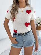 Women's Casual Lightweight Knit Top Red Heart Short Sleeve Rib Round Neck