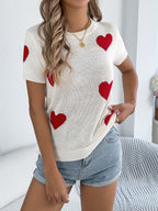 Women's Casual Lightweight Knit Top Red Heart Short Sleeve Rib Round Neck
