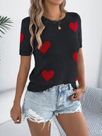 Women's Casual Lightweight Knit Top Red Heart Short Sleeve Rib Round Neck