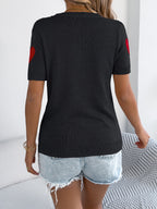 Women's Casual Lightweight Knit Top Red Heart Short Sleeve Rib Round Neck