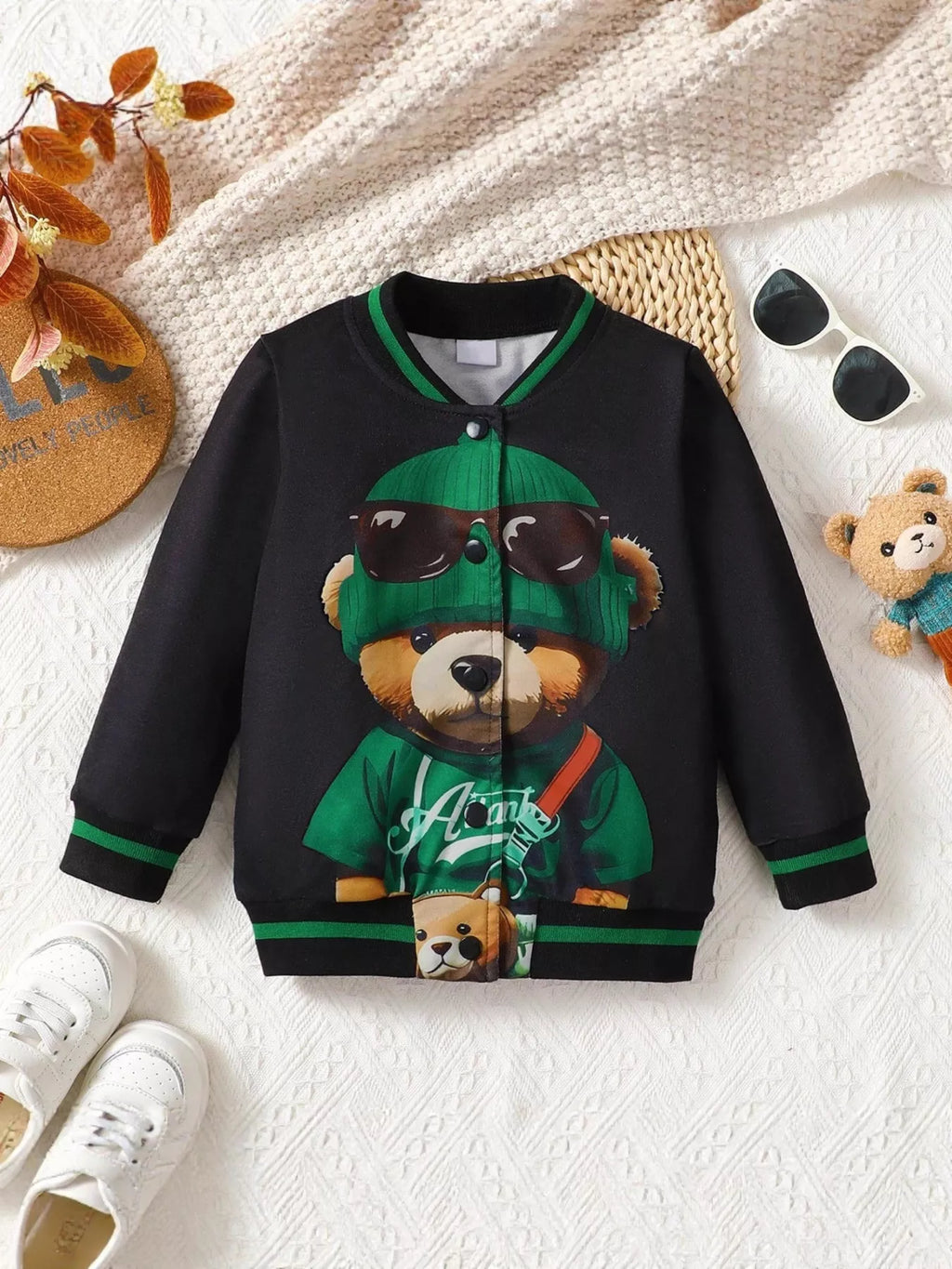 Boy's Baby Baseball Jacket Black Cartoon Bear Graphic for Childrens Black Boy_s_Baby_Baseball_Jacket_Black_Cartoon_Bear_Graphic_for_Childrens Trendsi