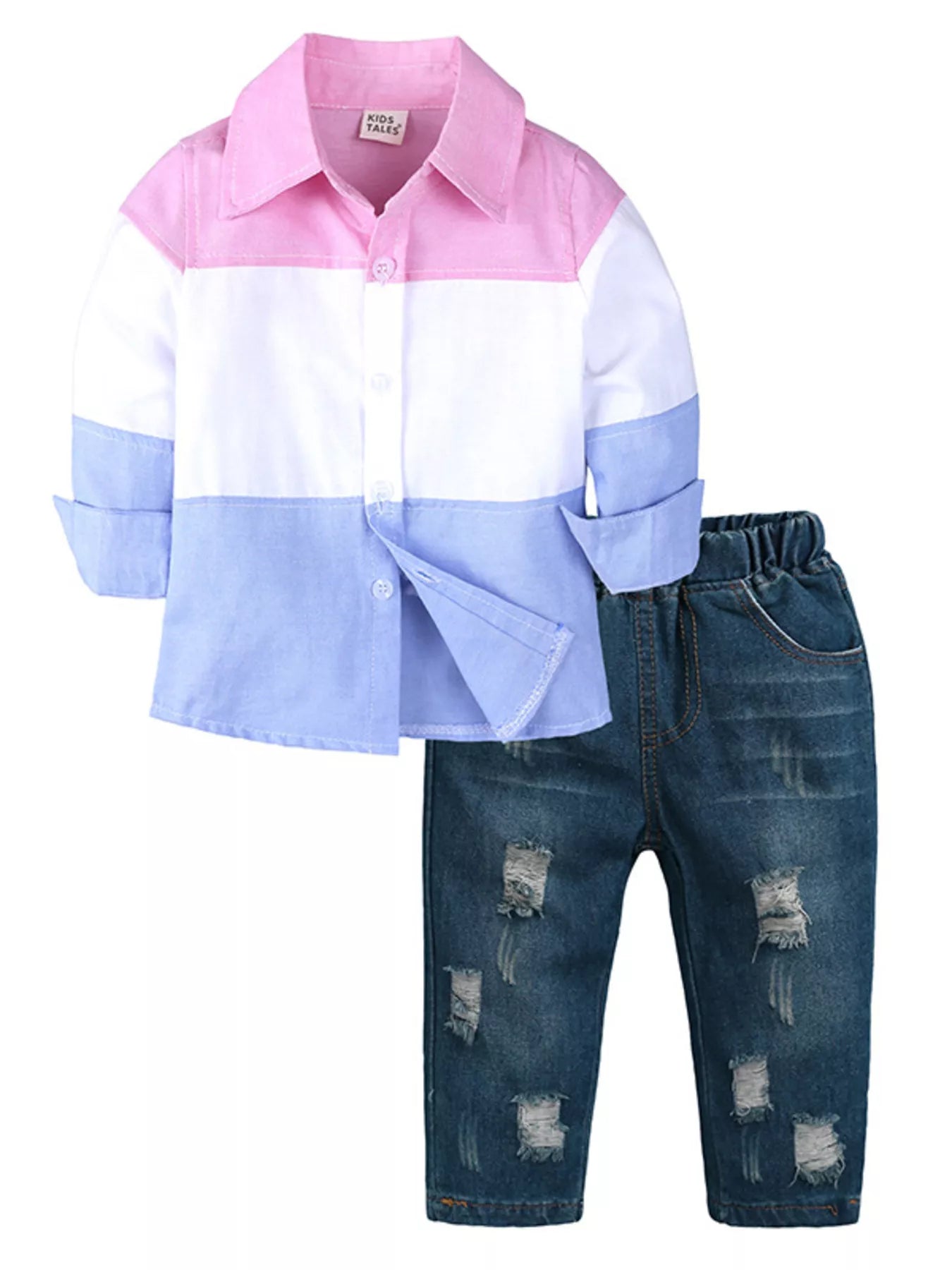 Boy's Children's Set Color Block Shirt & Ripped Jeans 2 Pcs Pink
