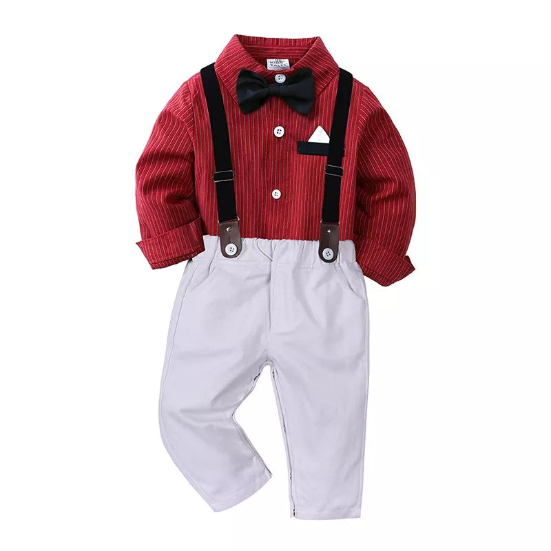 Boy's Children's Striped Shirt and Overall Set 2 Pcs Red Boy_s_Children_s_Striped_Shirt_and_Overall_Set_2_Pcs Trendsi