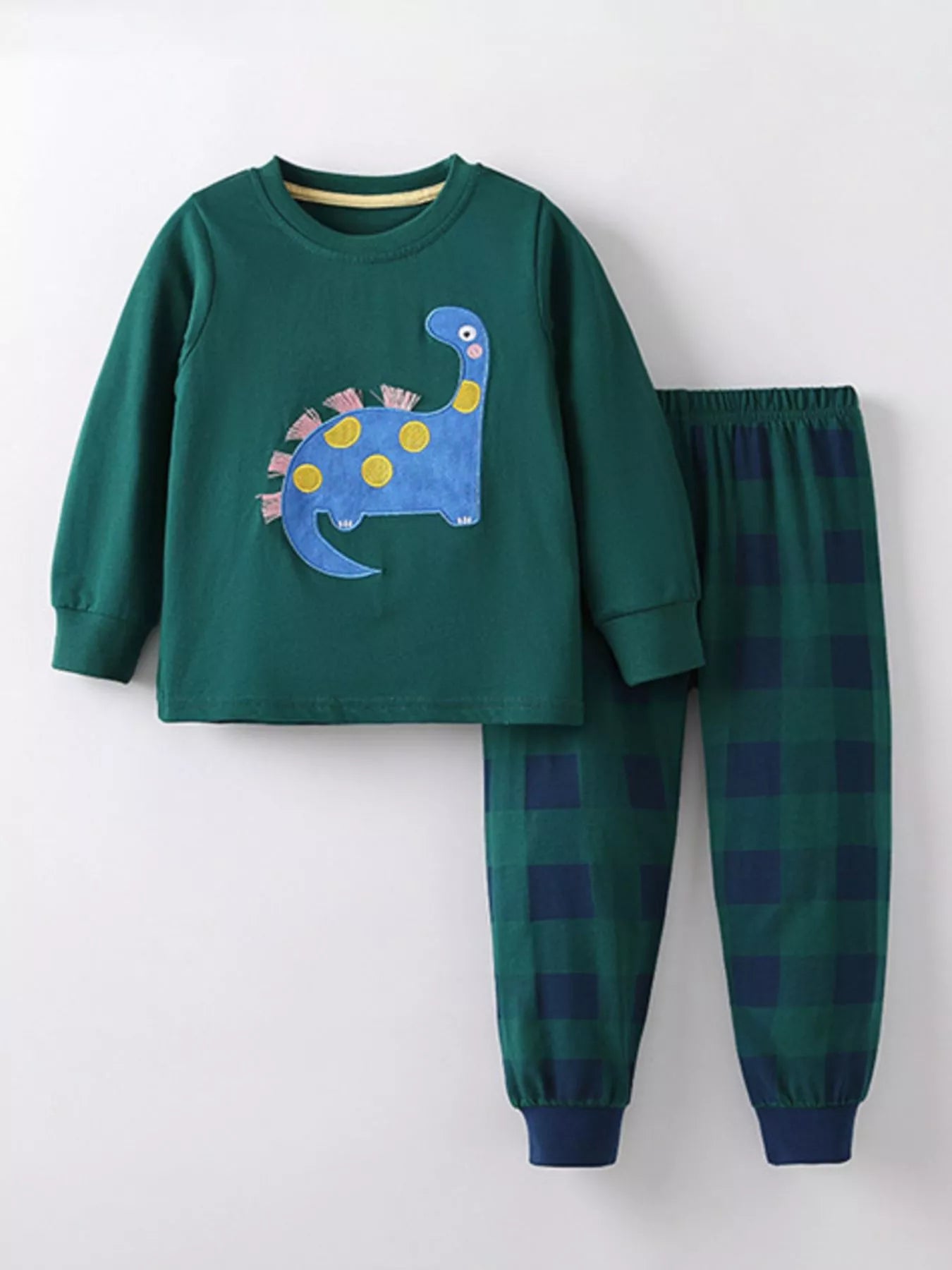 Boy's Set Green Dinosaur Applique Long Sleeve Top and Pants Set for Childrens Dark Green Boy_s_Set_Green_Dinosaur_Applique_Long_Sleeve_Top_and_Pants_Set_for_Childrens Trendsi