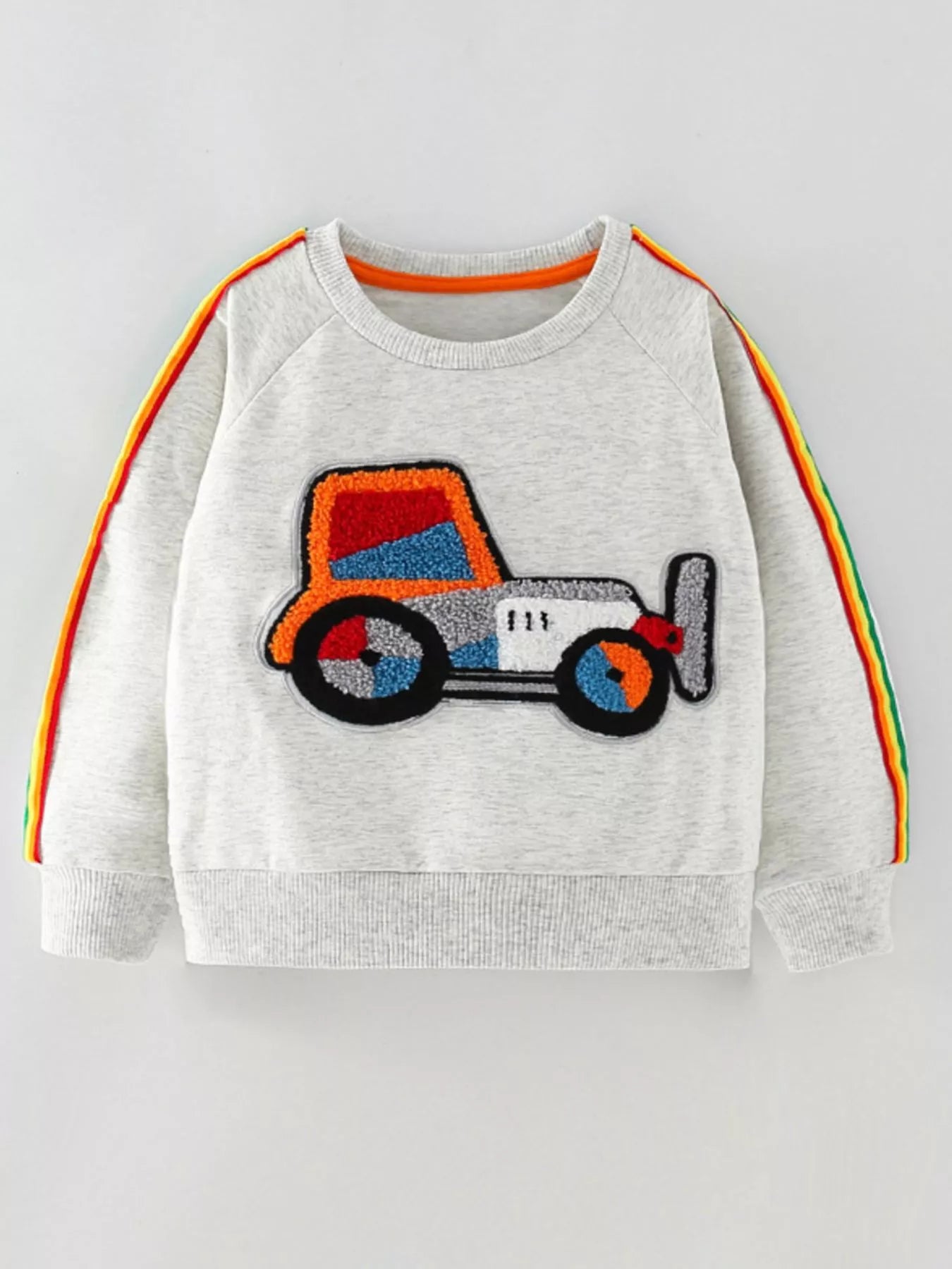 Children's Cartoon Tractor Crew Neck Sweatshirt Light Gray Boy_s_Sweatshirt_Children_s_Cartoon_Tractor_Print_Crew_Neck_Light_Gray_Pullover Trendsi