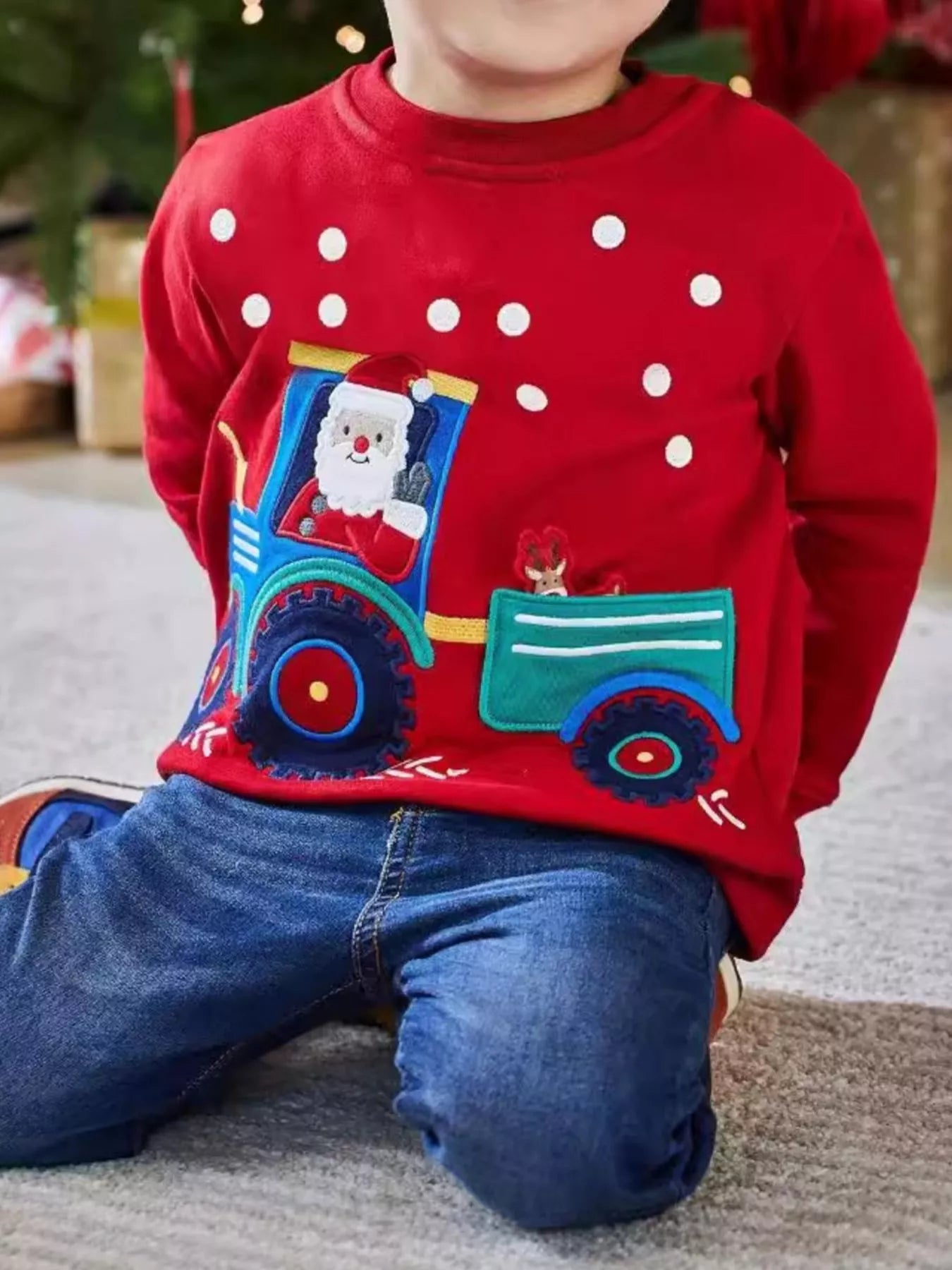 Boy's Sweatshirt Red Santa Tractor Crew Neck Children's Pullover Red Boy_s_Sweatshirt_Red_Santa_Tractor_Crew_Neck_Children_s_Pullover Trendsi