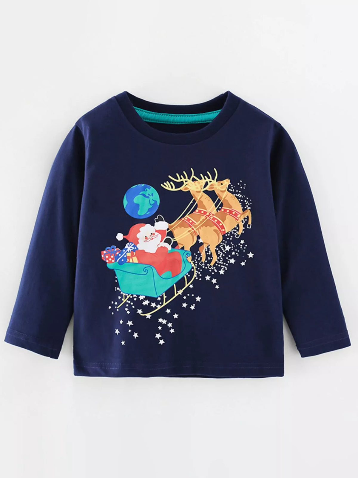 Children's Christmas Santa Sleigh Graphic Long Sleeve T-Shirt Dark Navy
