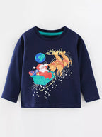 Children's Christmas Santa Sleigh Graphic Long Sleeve T-Shirt Dark Navy Boy_s_T-Shirt_Christmas_Santa_Graphic_Dark_Navy_Long_Sleeve_Top Trendsi