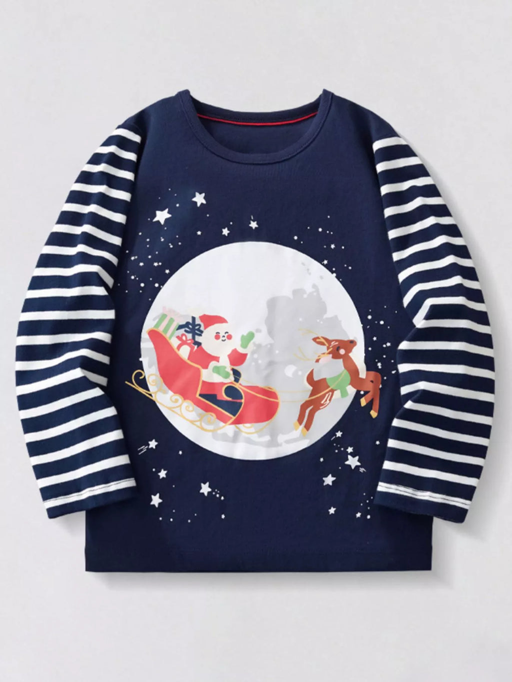Children's Santa Sleigh Graphic Long Sleeve T-Shirt Dark Navy Boy_s_T-Shirt_Christmas_Santa_Sleigh_Graphic_Dark_Navy_Long_Sleeve_Top Trendsi