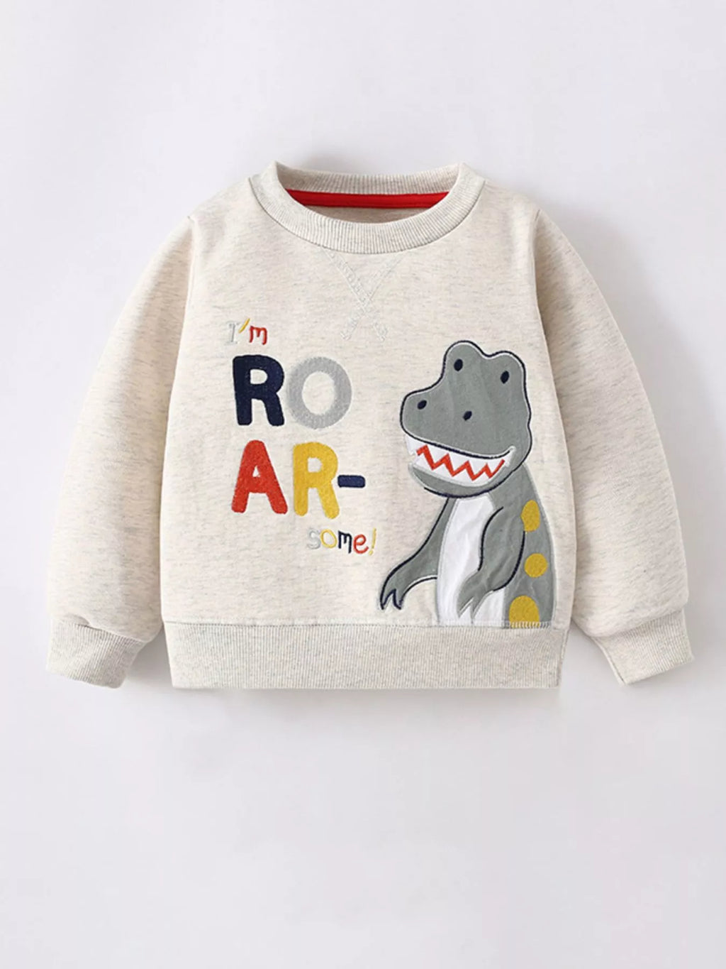 Boys Sweatshirt Beige Dinosaur Embroidered Crew Neck Top for Children's Beige Boys_Sweatshirt_Beige_Dinosaur_Embroidered_Crew_Neck_Top_for_Children_s Trendsi