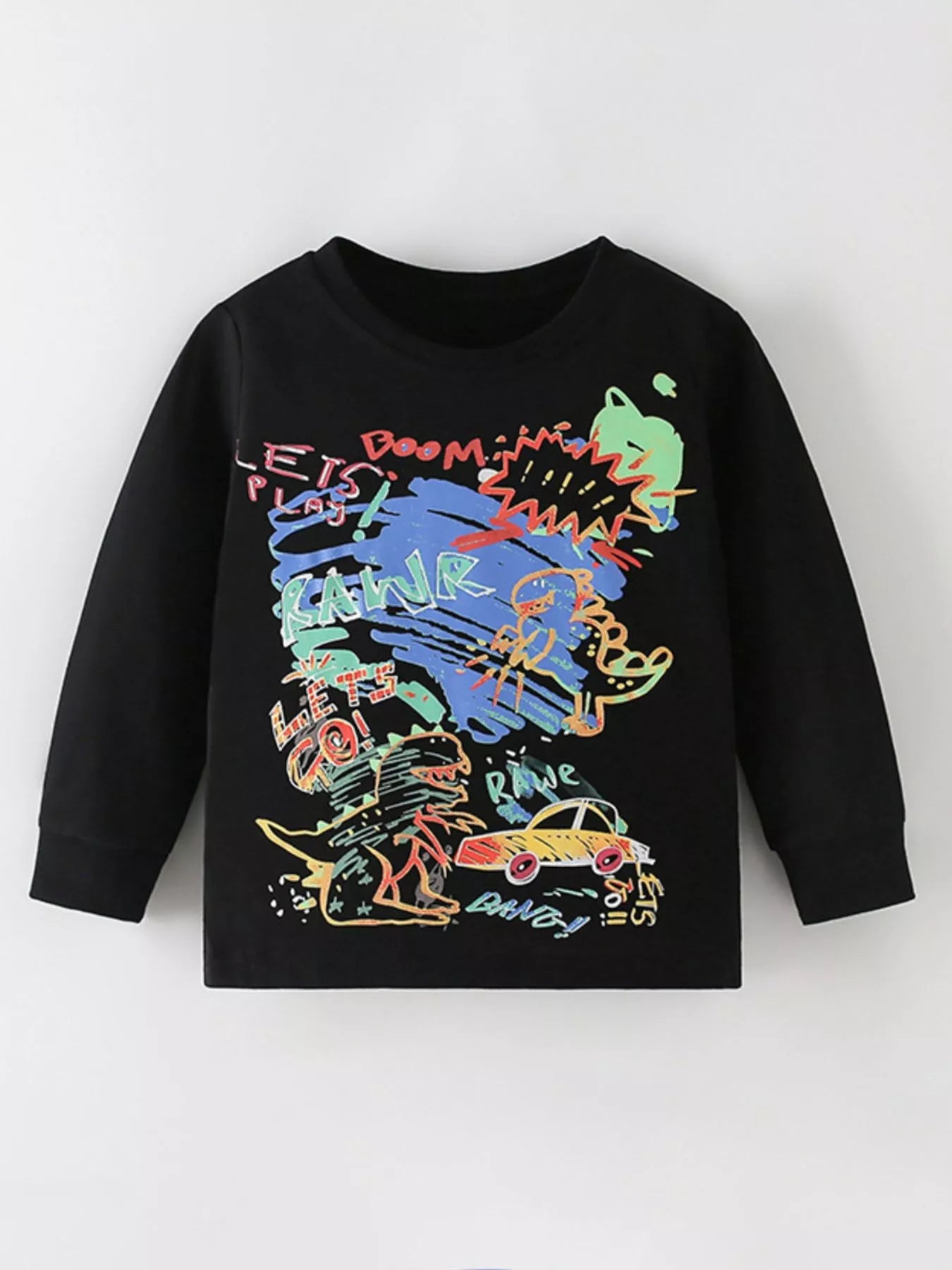 Boys T-Shirt Black Colorful Graphic Printed Long Sleeve Top for Children Black Boys_T-Shirt_Black_Colorful_Graphic_Printed_Long_Sleeve_Top_for_Children Trendsi