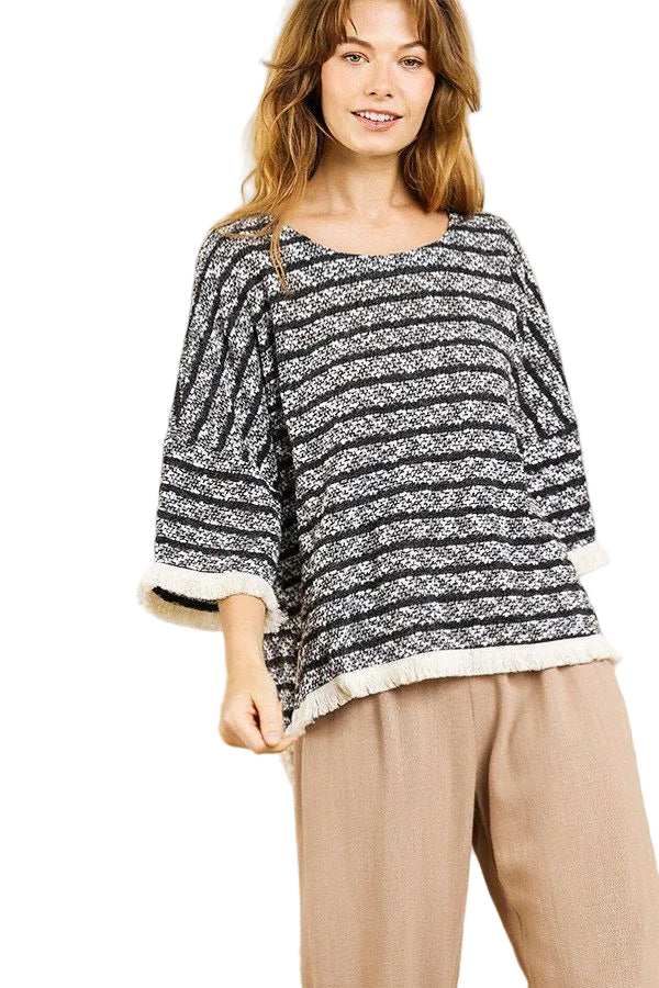 Heathered Striped Knit Bell Sleeve Round Neck Top in Latte, Sizes S, M, L