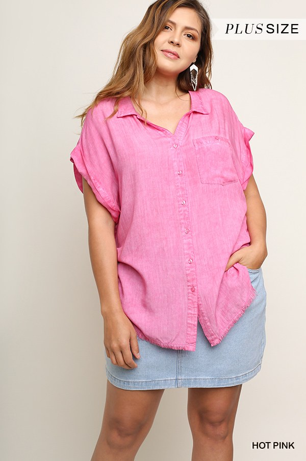 Washed Button-Up Short Sleeve Top with Frayed Hemline