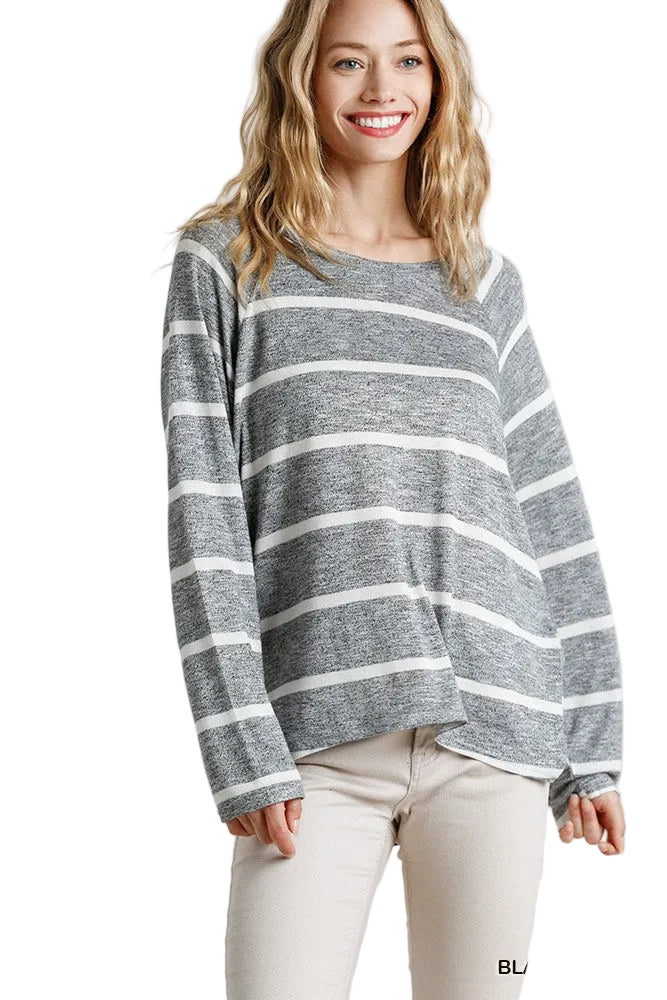 Striped Round Neck Long Sleeve Top in Black and White, Sizes Small to Large
