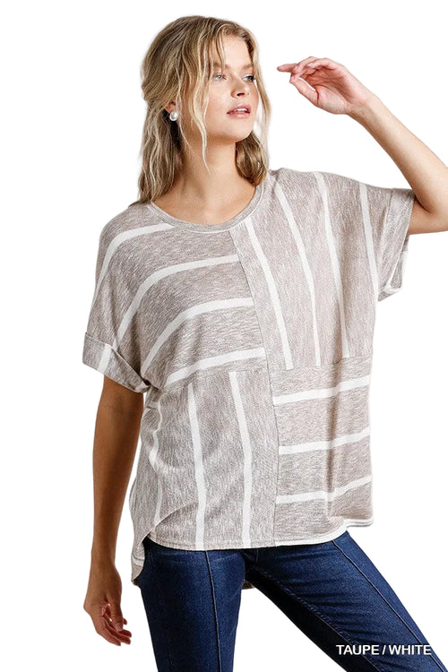 Horizontal and Vertical Striped Short Sleeve Top with Folded Sleeves and High-Low Hem