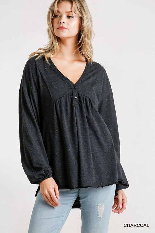 Confetti Detailed Long Puff Sleeve Babydoll Top with Button Front and Raw Hem