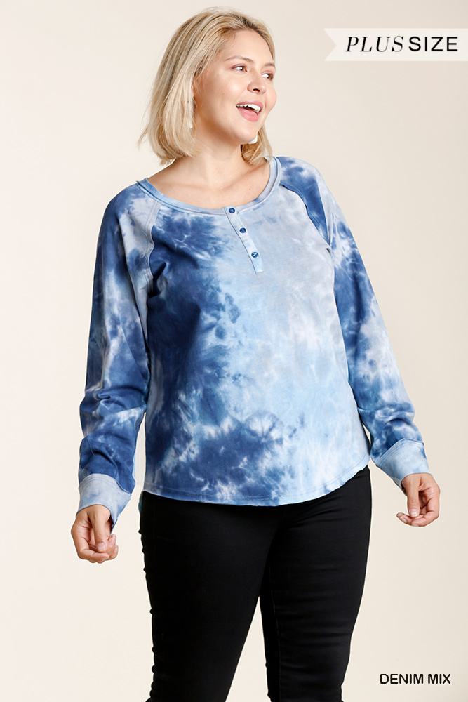 Tie-Dye Button-Front Long Raglan Sleeve Top with Raw Hem in Denim