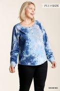 Tie-Dye Button-Front Long Raglan Sleeve Top with Raw Hem in Denim
