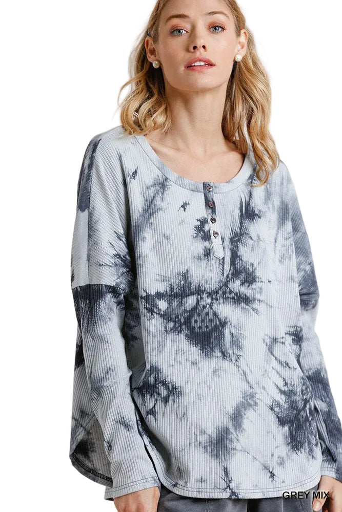 Tie Dye Round Neck Ribbed Button Front Top with Rounded Hem