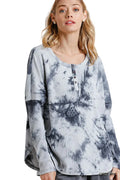 Tie Dye Round Neck Ribbed Button Front Top with Rounded Hem