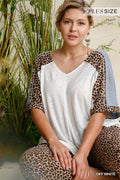 Linen Blend Animal Print See-Through V-Neck Colorblock Top with Side Slits