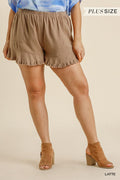 Linen Blend Shorts with Elastic Waist, Ruffle Hem, and Pockets