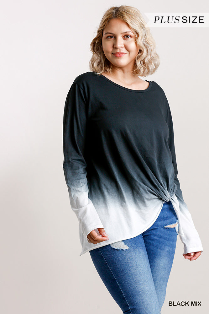 Ombre Print Long Sleeve Top with Gathered Front Detail and Raw Hem