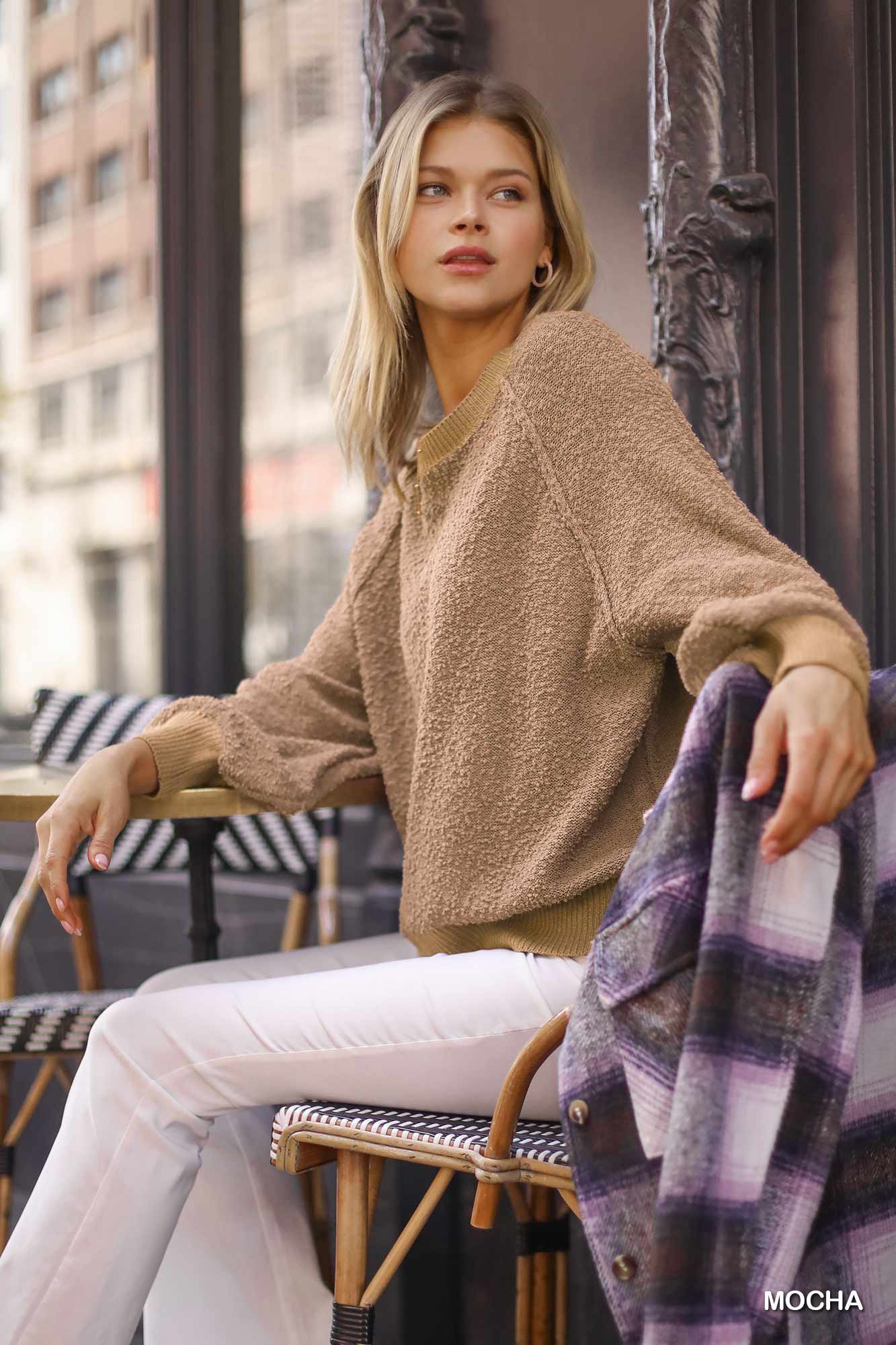 Puff Sleeve Boat Neck Sweater in Ivory