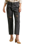 5-Pocket Non-Stretch Straight-Cut Distressed Denim Jeans with Raw Hem in Black
