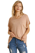 Short Sheer Dolman Sleeve Scoop Neck Top with Side Slit in Ivory