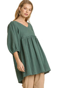 Gauze Slub V-neck Tunic Dress with Frayed Edge Detail