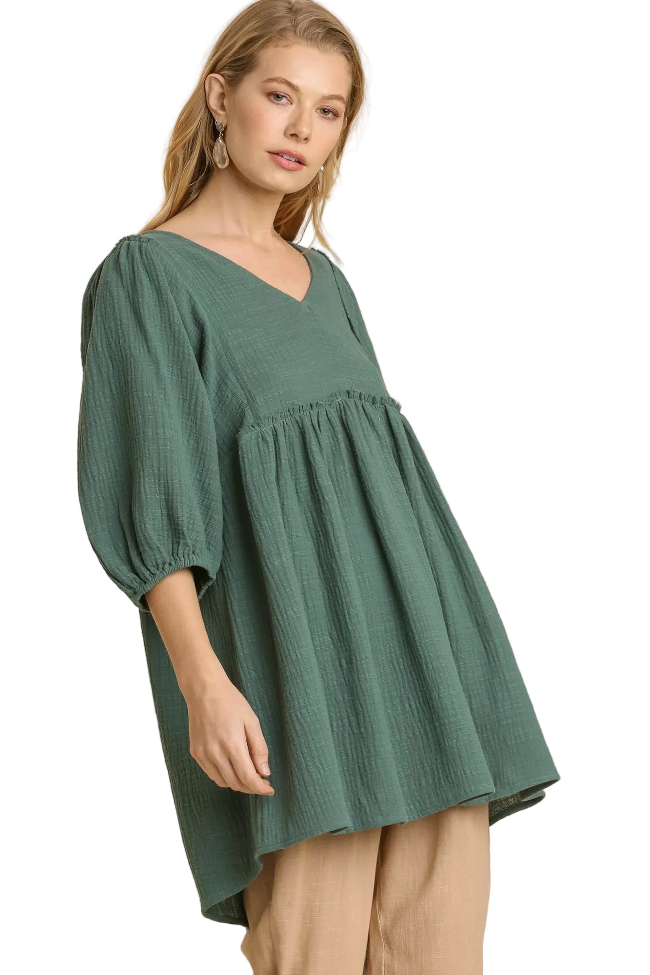 Gauze Slub V-neck Tunic Dress with Frayed Edge Detail