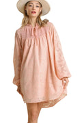 Jacquard Raglan Smocked Tie Neck Yoke Dress