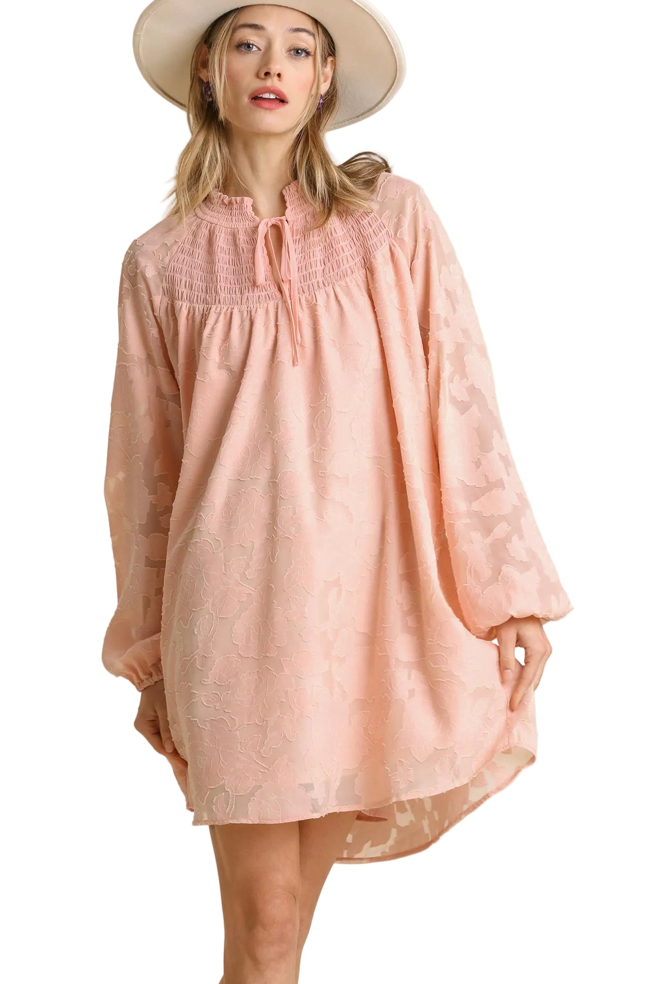 Jacquard Raglan Smocked Tie Neck Yoke Dress