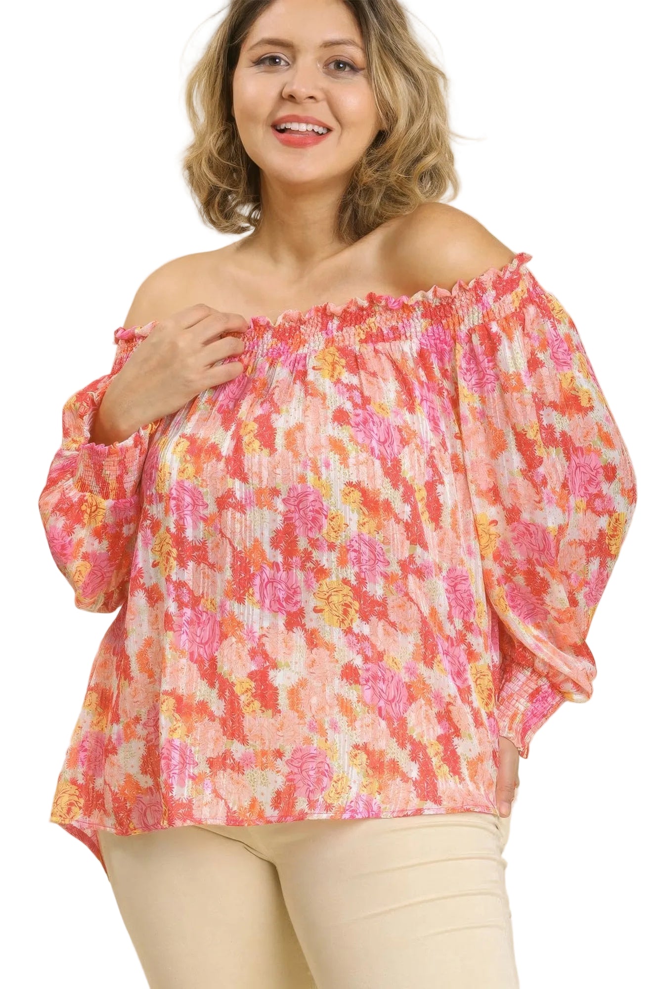 Sheer Floral Print Metallic Threading Long Sleeve Off-Shoulder Top with High-Low Hem