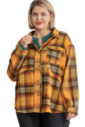 Plaid Collar Button-Down Overshirt with Front Pockets in Mustard Mix